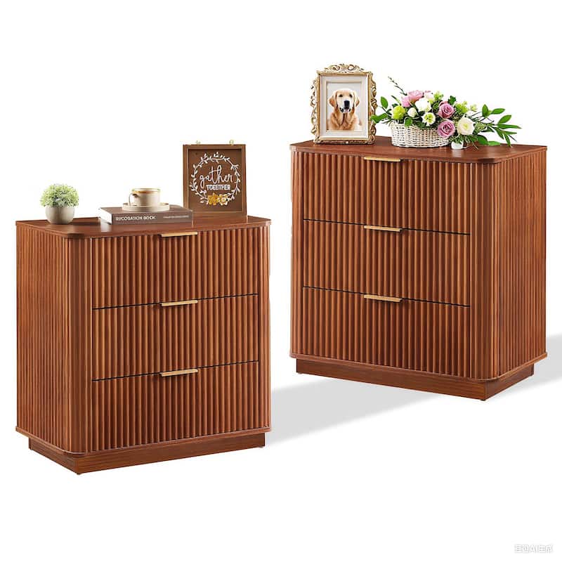 3 Drawers Drasser 2PCS, Modern Chest of Drawers Curved wave Design,Nightstand,Wood Drawer Organizer,27.6"W x 15.8"D x 27.4"H - Walnut