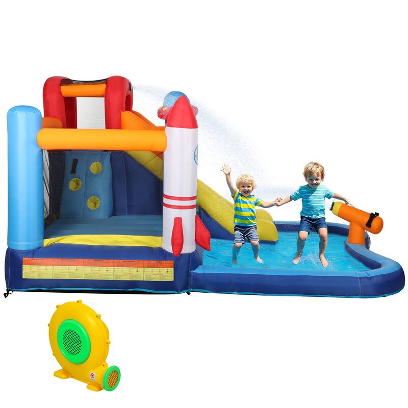 5-in-1 Inflatable Water Play Center with Slide, Splash Pool, Climbing Wall, Trampoline & Water Cannon