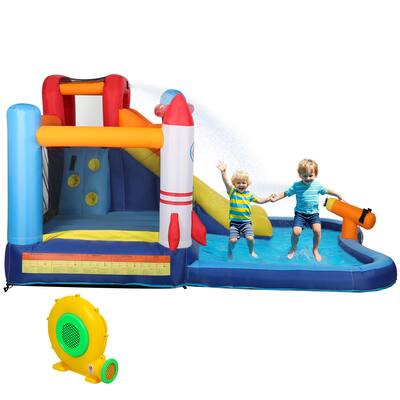 5-in-1 Inflatable Water Play Center with Slide, Splash Pool, Climbing Wall, Trampoline & Water Cannon