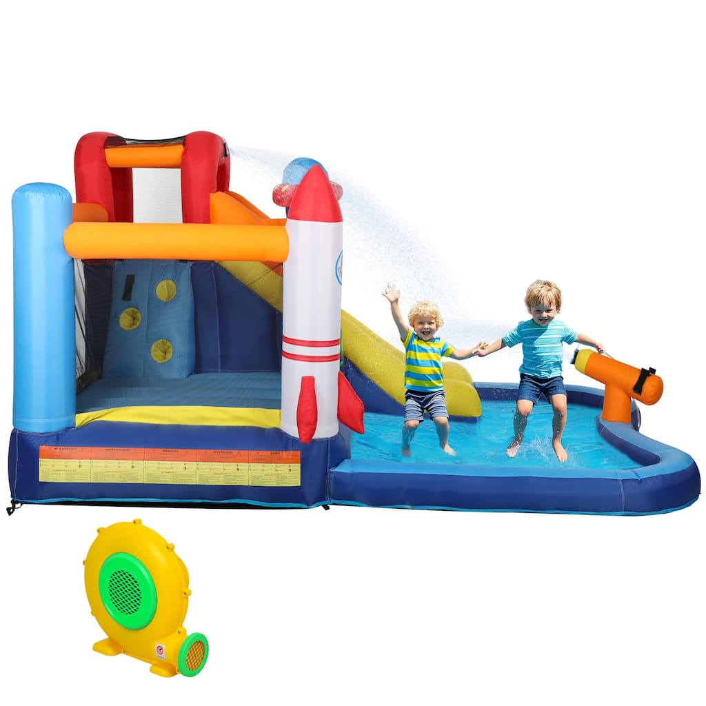 5-in-1 Inflatable Water Play Center with Slide, Splash Pool, Climbing Wall, Trampoline & Water Cannon