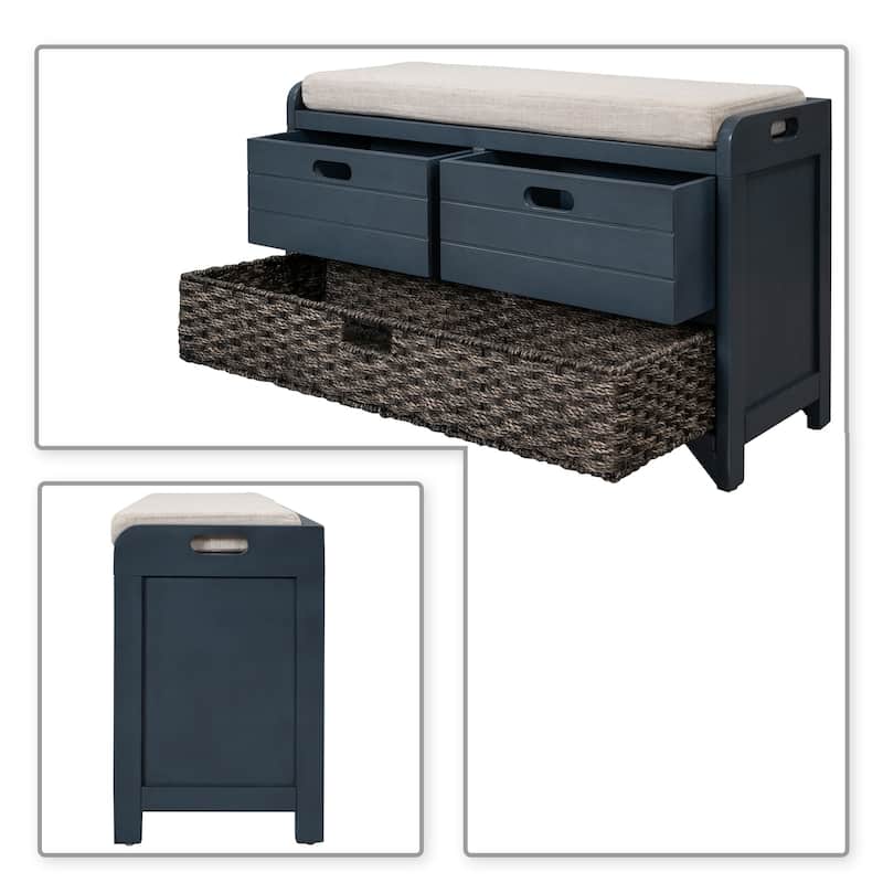 Modern Farmhouse Style Wooden Bench with 2 Drawers and a Woven Storage Basket
