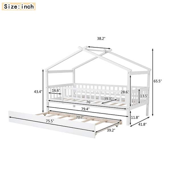 dimension image slide 1 of 4, Twin Size Wooden House Bed with Twin Size Trundle and Headboards
