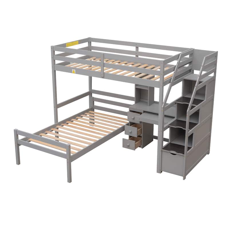 Twin Over Twin Loft Bed with a Stand-alone Bed & Storage Staircase, Solid Wood Twin Bed Frame with Desk, Shelves and Drawers
