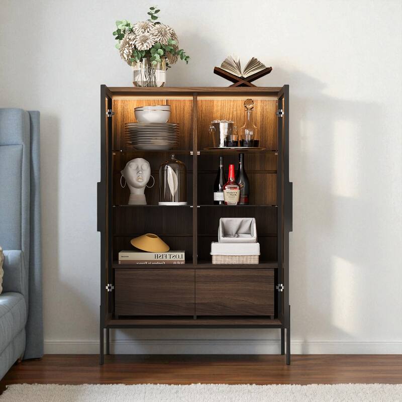 51.2" Modern Display Cabinet with Glass Doors, LED Lighting, Adjustable Shelves and 2 Storage Drawers