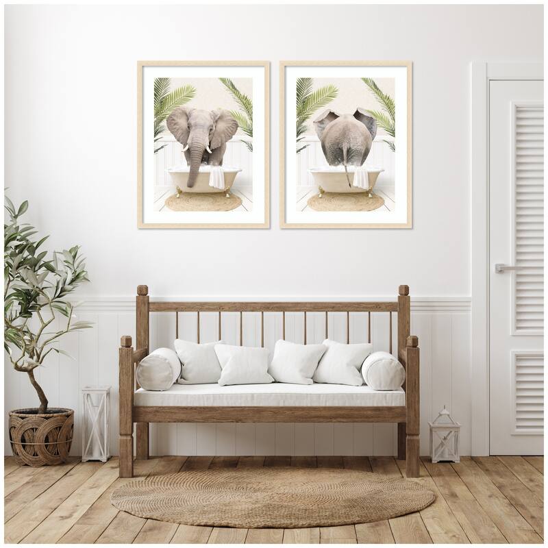 Kate and Laurel Elephant Palm Bathtub 2 Piece Framed Wall Art Print Set by Amy Peterson