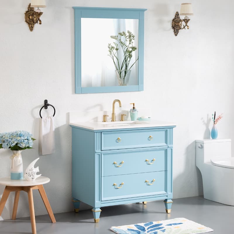 35'' H X 36'' W Solid Wood Bath Vanity with Stain-resistant Carrera White Quartz Top and Single Sink