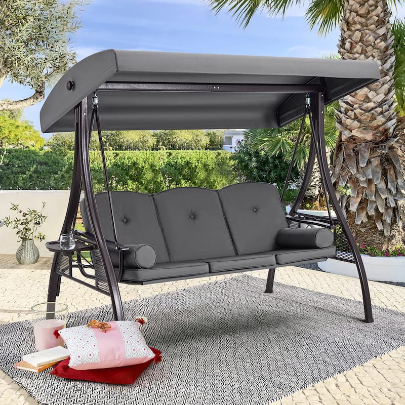 3-Seat Patio Swing with Adjustable Canopy, 750lbs Heavy Duty, Convertible Outdoor Bed, All-Weather, Cup Holders & Thick Cushions