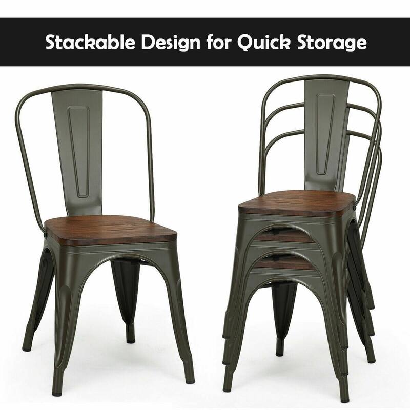 Set of 4 Stackable Metal Dining Chairs with 18-Inch Wood Seats - 17" x 21" x 33" (L x W x H)