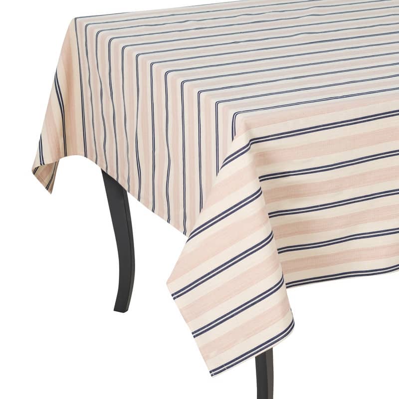 French Home 71" x 119" Cream, Blue, and Pink Striped Tablecloth - 71" x 119"
