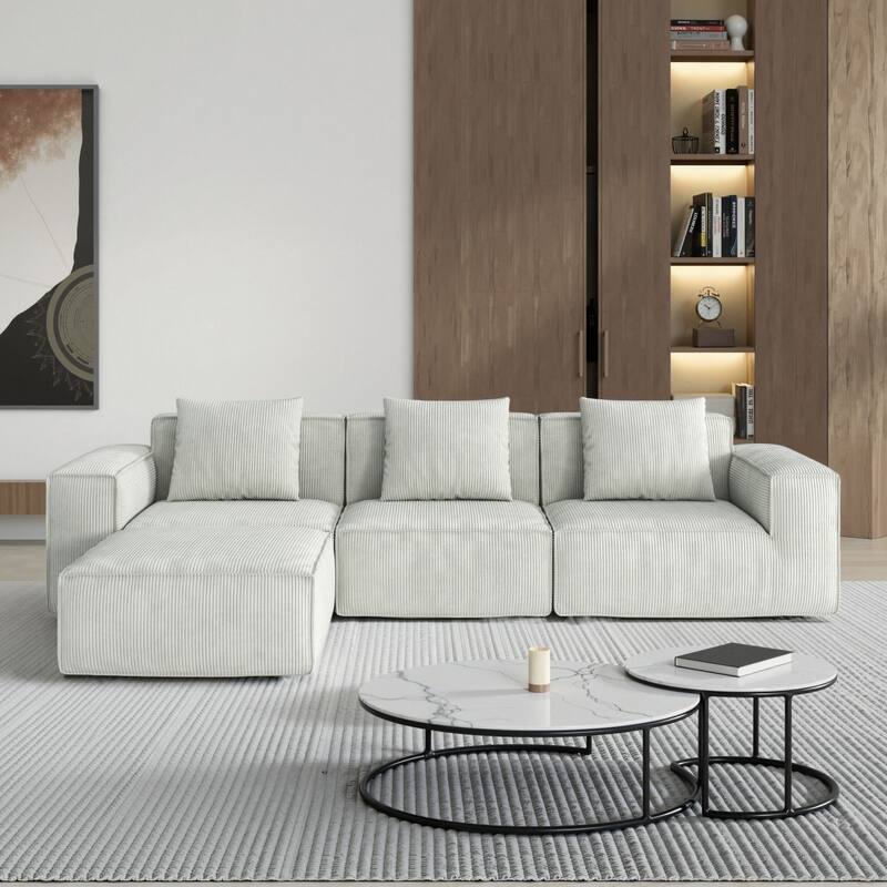 Chenille Fabric Sectional Sofa for Living Room,Tofu Block Sofa Floor Sofa - White - 3 Seater with Ottoman