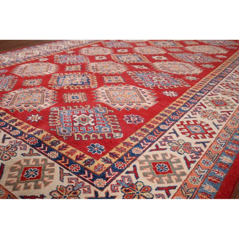 Hand Knotted Oriental 100% Wool Carpet Traditional Geometric Red Kazak Area Rug - 9' 6'' X 6' 7''