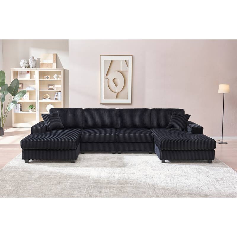 Modular Sectional Sofa with Dual Chaise Lounges, Corduroy Cloud Sofa with Armrest Storage Rack, Convertible 4-Seat Sleeper Sofa - Black