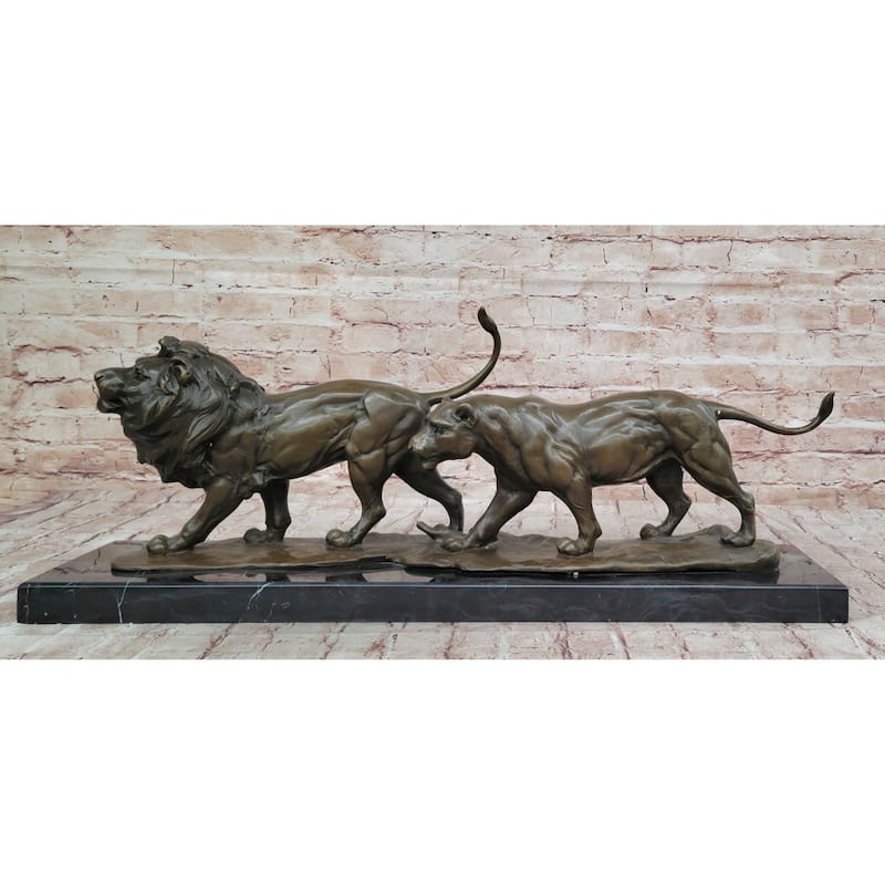 Male Female Imitative Lion Imitative Lions On The Prowl Bronze Sculpture Statue Signed Original Art