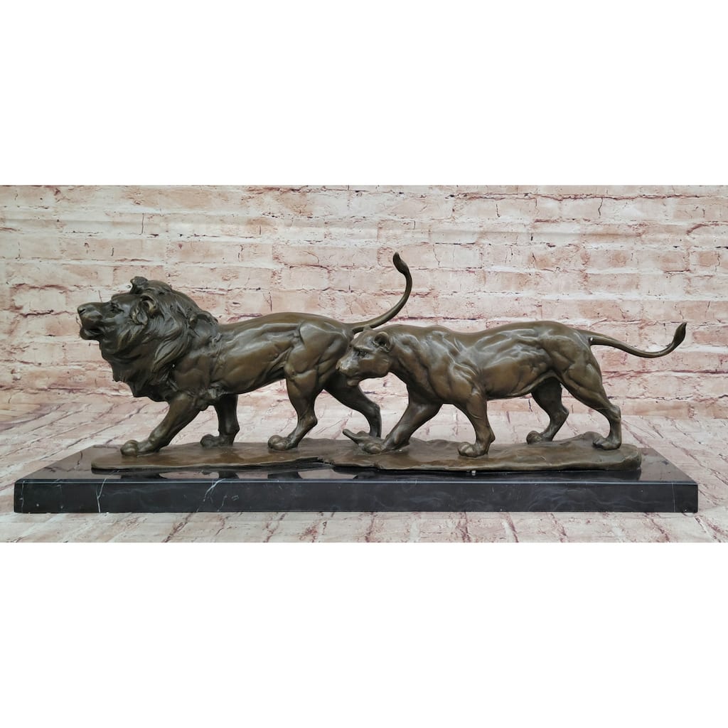 Male Female Imitative Lion Imitative Lions On The Prowl Bronze Sculpture Statue Signed Original Art