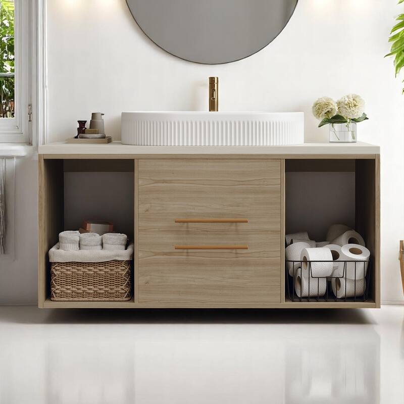 Modern Wall-Mounted Bathroom Vanity with Oval Ceramic Sink, Solid Wood Floating Cabinet, Soft-Close Storage