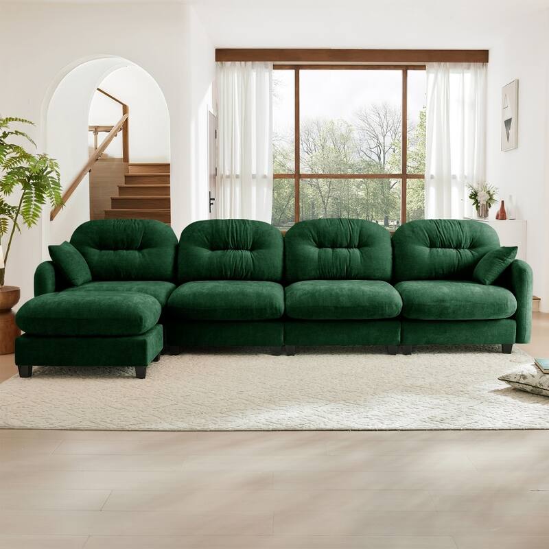 Chenille L-shaped Modular Flexible Combination Sectional Sofa with Wooden Base - Green