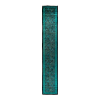 Overton Hand Knotted Wool Vintage Inspired Modern Contemporary Overdyed Blue Runner Rug - 2' 7" x 16' 1"