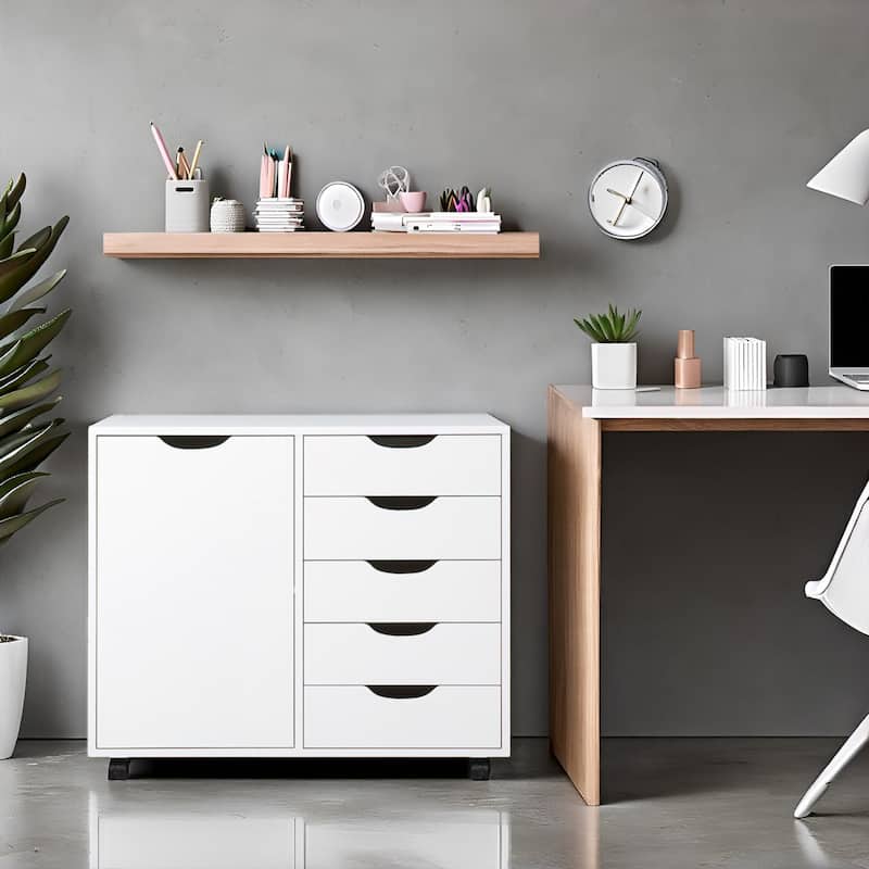 Wooden 5-Drawer Office Storage Cabinet with Extra Shelf and 360° Mobility for Effortless Organization - White
