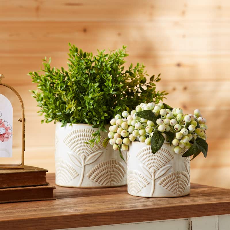 Etched Floral Porcelain Planters - 5.5" - White and Beige - Set of 2