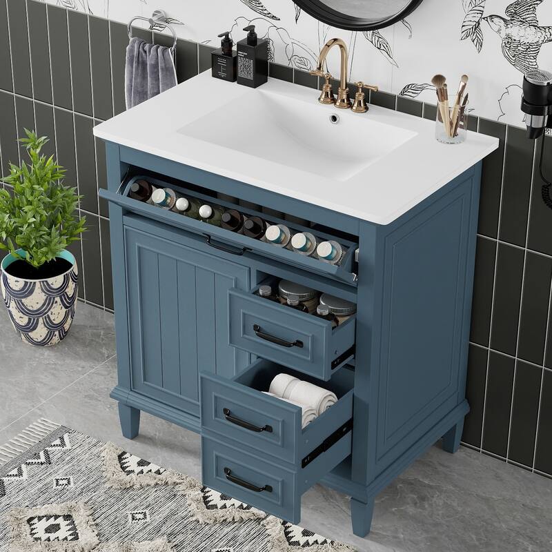 30 Inch Bathroom Vanity with Ceramic Sink Top, Flip Drawers, Freestanding Storage Cabinet (Faucet Not Included)