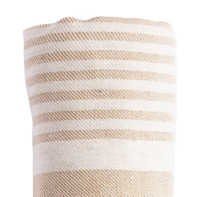 HomeRoots 59" X 71" Beige and Ivory Cotton Striped Turkish Towel Throw Blanket with Tassels