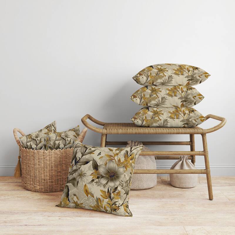 Exquisite Floral Breeze Faux Suede Reversible Throw Pillow Gold and Vanilla