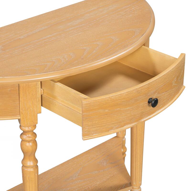 Farmhouse Half Moon Console Table with Drawer & Shelf - Rustic Accent Table