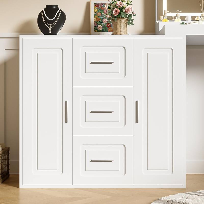 59" Makeup Vanity Desk with Mirror, Vanity Mirror with Lights, Dressing Table with 3 Drawers and 2 Cabinets, White