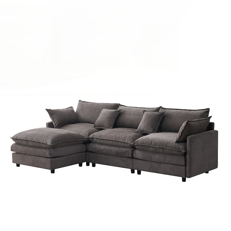 Upholstered Soft Chenille Fabric Sofa,3 Seater with Ottoman L Shape Sofa - Grey