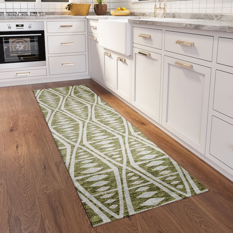 Indoor/ Outdoor Addison Yuma Southwest Tribal WashableArea Rug - 2'3" x 7'6" - Olive