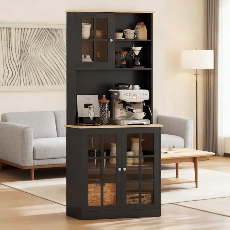 Wood Pantry Storage Cabinet, Freestanding Buffet Cabinet with Glass Doors and Adjustable Shelves, Kitchen Hutch with Doors