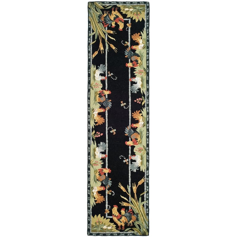SAFAVIEH Handmade Chelsea Yauheniya French Country Rooster Wool Rug - 2'6" x 12' Runner - Black