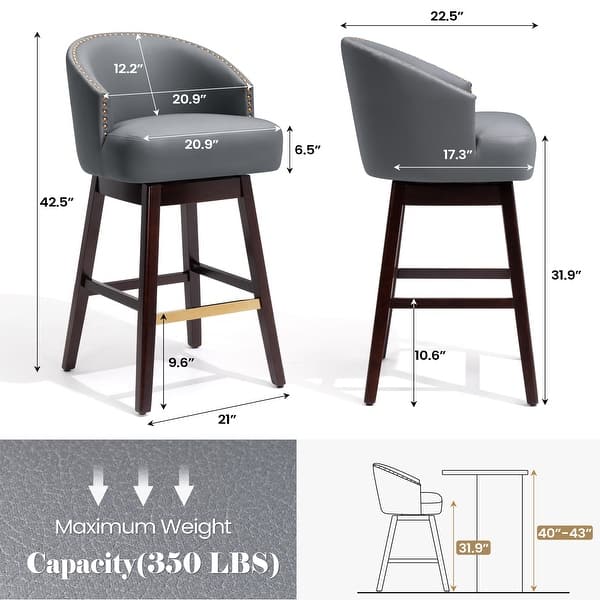 dimension image slide 9 of 10, Bar Stools PU Leather / Linen Fabric Upholstered Solid Wood Swivel Barstool Set of 2/4
