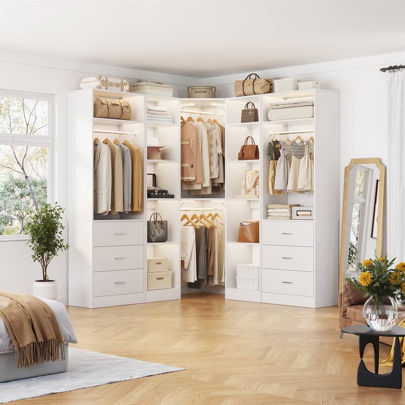 Corner Closet System with 6 Drawers & 4 Hanging Rods,Set of 3,Reversible Walk-in Closet Organizer System with Adjustable Shelves - White