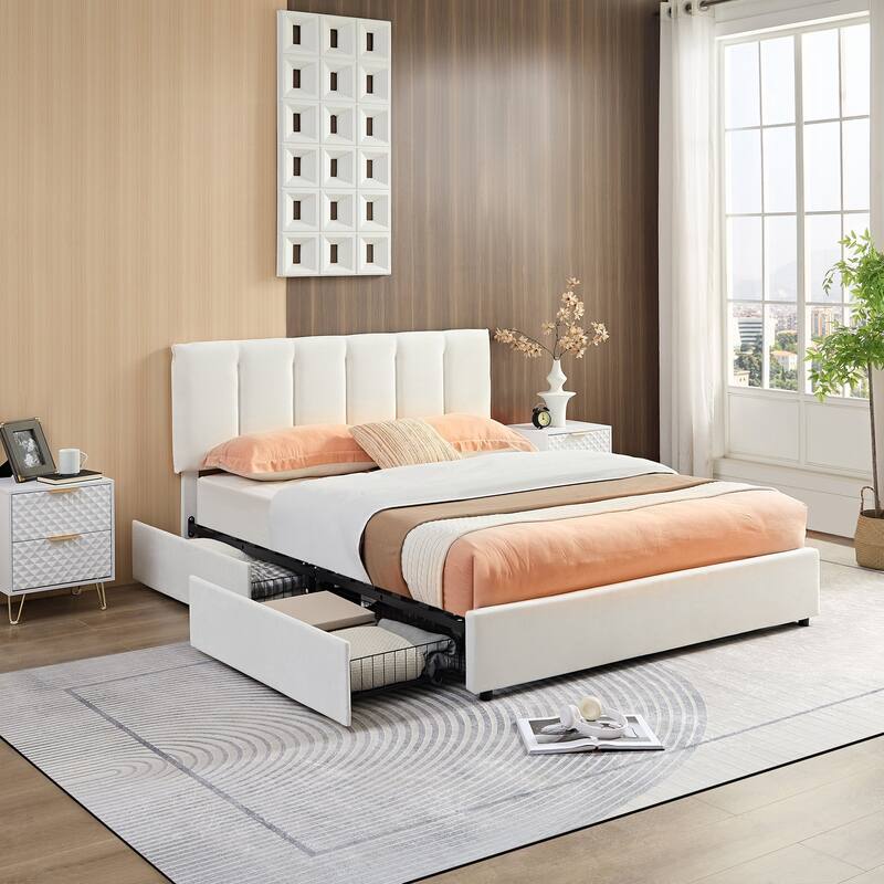 White Bed Frame with 4 Storage Drawers, Upholstered Platform Bed Frame with Adjustable Headboard
