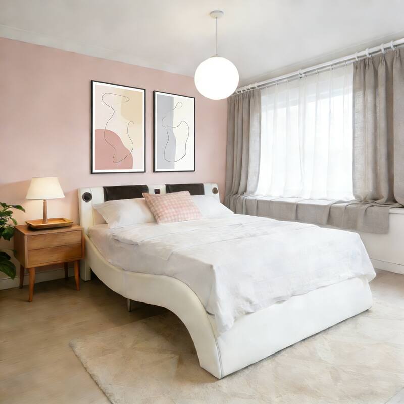 King Size Faux Leather Upholstered Platform Bed Frame with LED lighting, Bluetooth connection to play music control