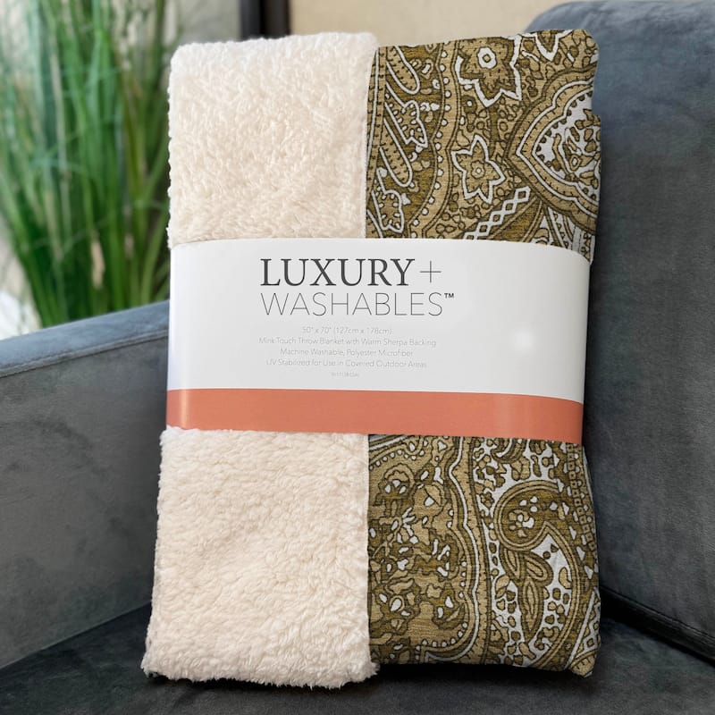 Premium Machine Washable Modern Paisley Sherpa Throw Blanket