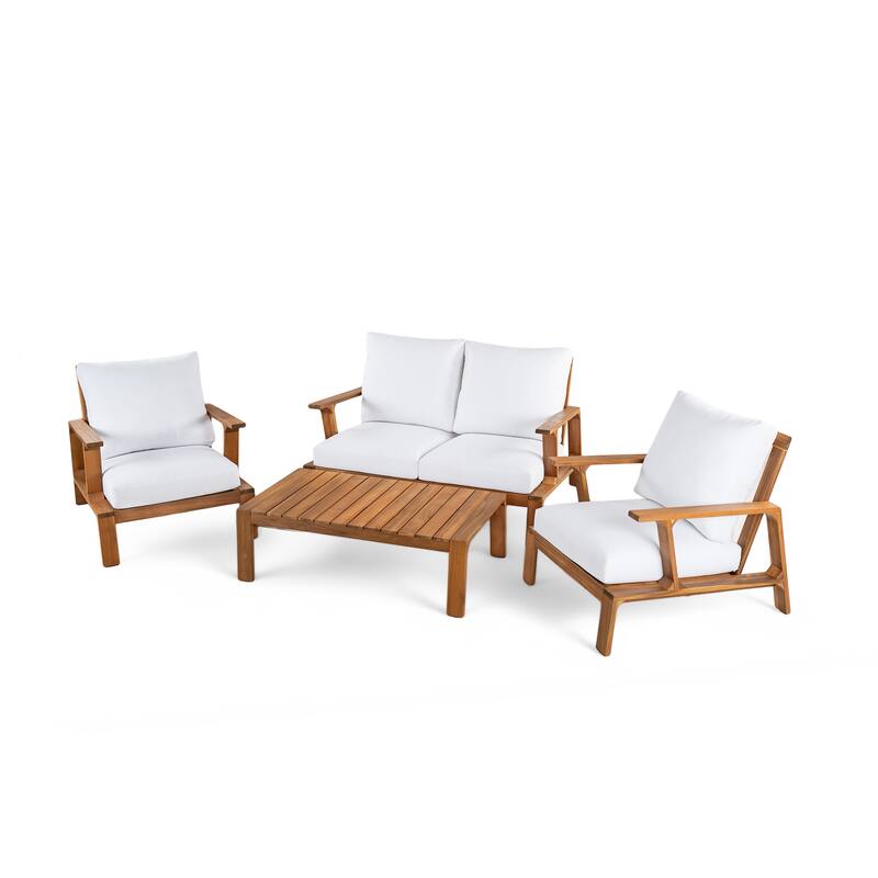 Roomfitters 4 Piece Outdoor Patio Conversation Set with Solid Acacia Wood Frame and Cushions