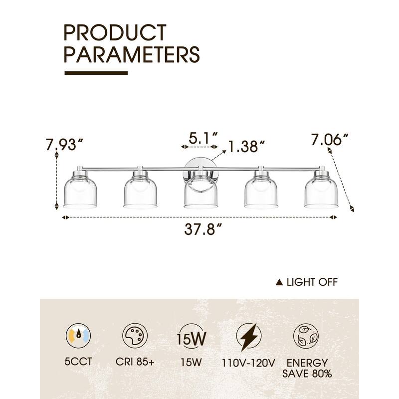 3/4/5-Light 15W LED Bathroom Vanity Light, Dimmable, Chrome