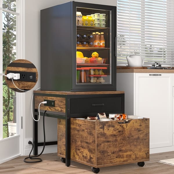 dresser with mini fridge cabinet Mini Fridge Stand with Charge Station, Side/ End Table with Storage Drawers and Rolling Cabinet