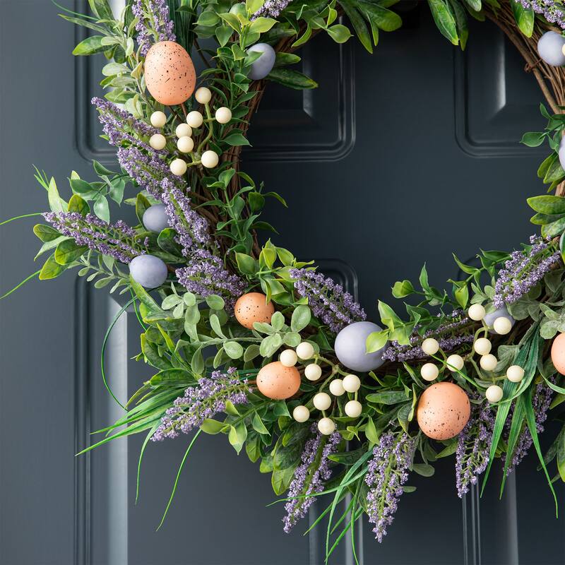 Glitzhome 22"D Artificial Easter Spring Eggs Berries Wreath for Front Door Wall Decor