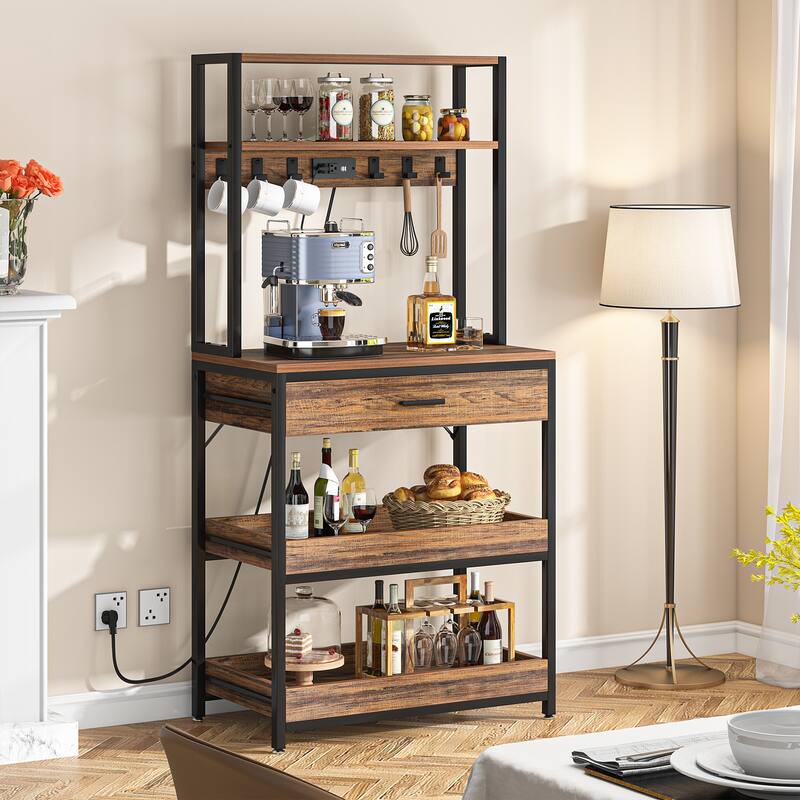 5-Tier Kitchen Bakers Rack with 4 Power & USB Outlets, Microwave Stand with Drawers and Shelves
