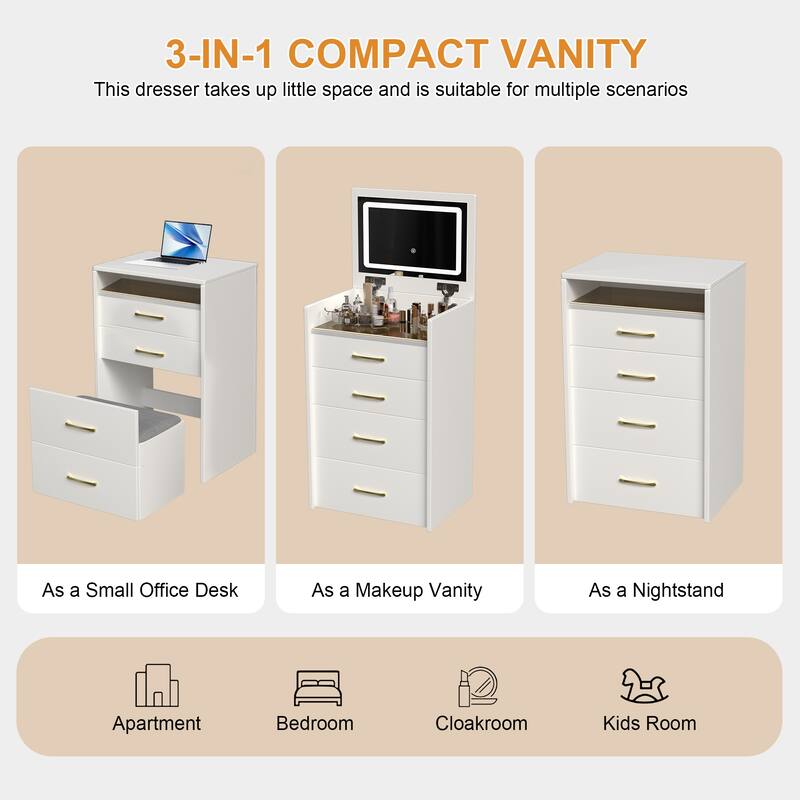 3 in 1 Makeup Vanity Convertible Desk or Nightstand, Compact Make-up Vanity Glass Desktop Dressing Table with Mirror & Stool