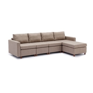 4 Seat Module Sofa Set L-shape Linen Fabric Couch w/ Ottoman, Brown ...