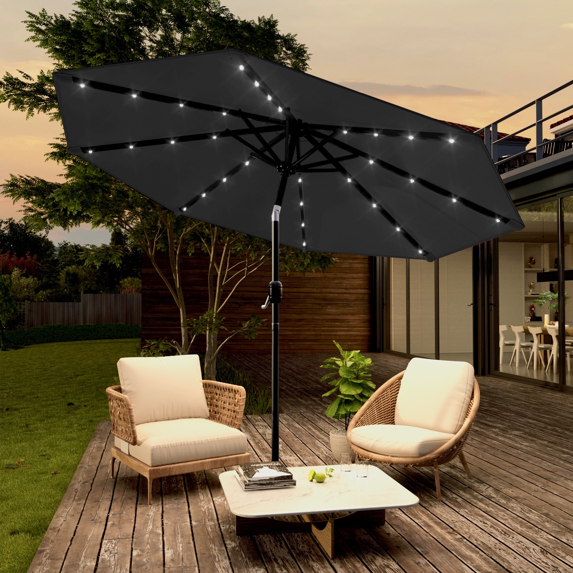 LIVOOSUN 9Ft Solar-powered Large Round Outdoor Patio Market Umbrella with Crank