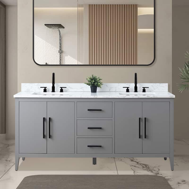 Vanity Art 72" Double Sink Bathroom Vanity Cabinet with Engineered Marble Top - 72"/Matte Black Handle - Cashmere Gray
