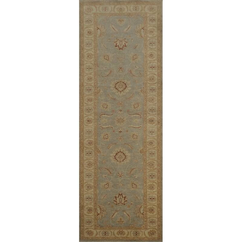Hand Knotted Oriental 100% Wool Carpet Traditional Floral Greys & Charcoal Peshawar Runner Rug - 9' 8'' X 2' 9''