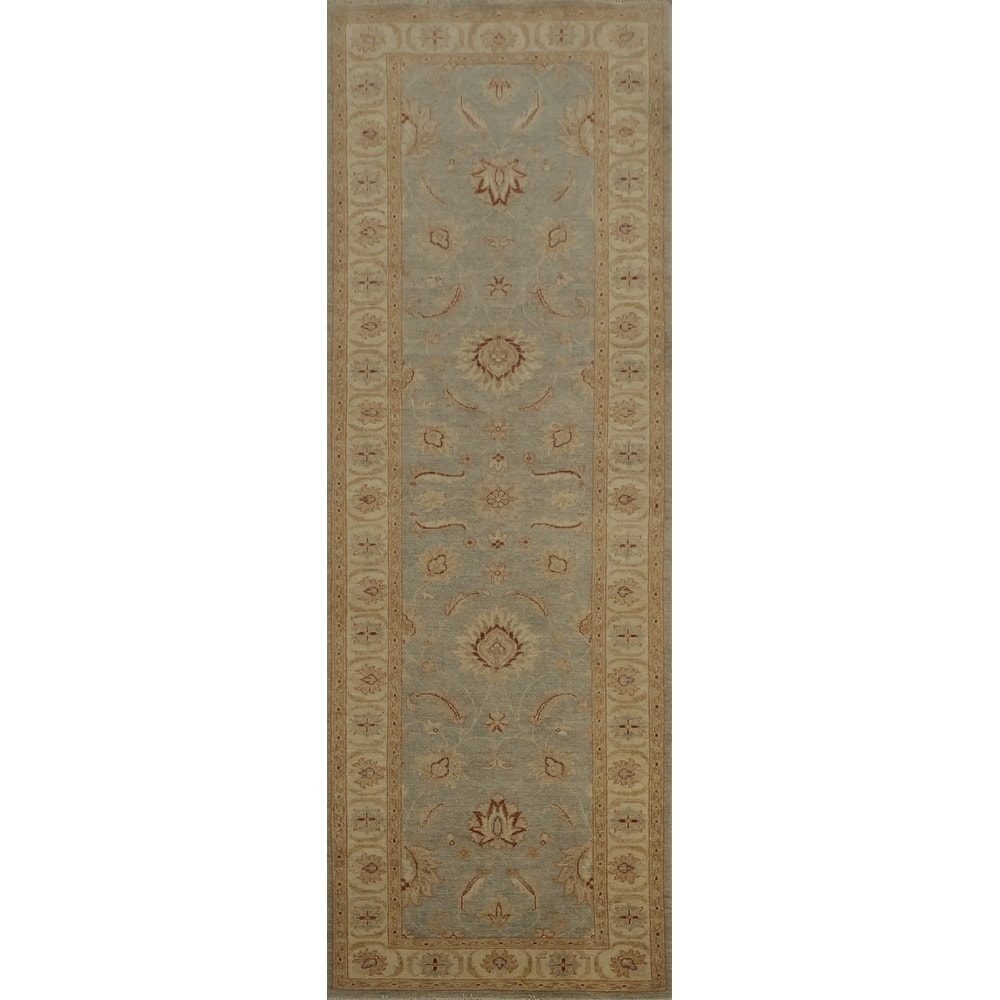 Hand Knotted Oriental 100% Wool Carpet Traditional Floral Greys & Charcoal Peshawar Runner Rug - 9' 8'' X 2' 9''