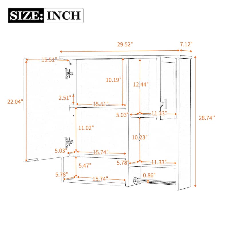 29" x 28" Over The Toilet Bathroom Storage Cabinet with Towel Bar Wall Mirror Cabinet with Closed Cupboard and Open Shelf