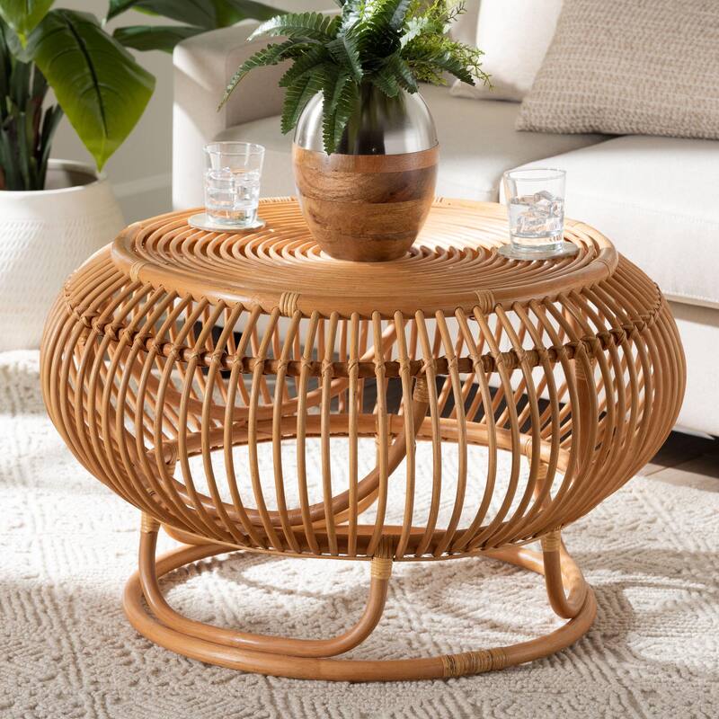 Adeola Round Lantern-Shaped Rattan Coffee Table - Handcrafted Coastal Boho Style Centerpiece for Living Room, Den, or Sunroom